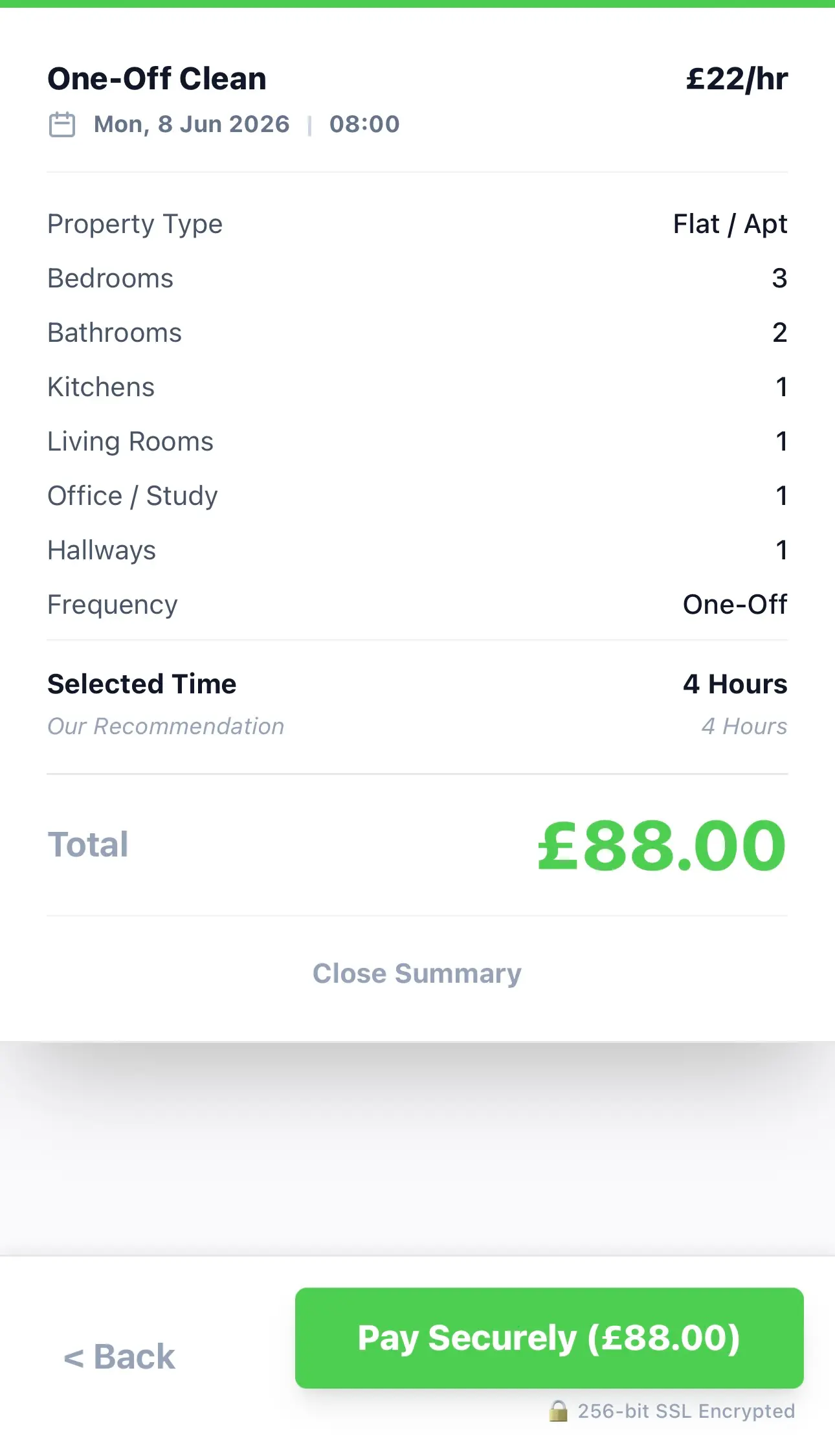 cleaners of london booking summary price