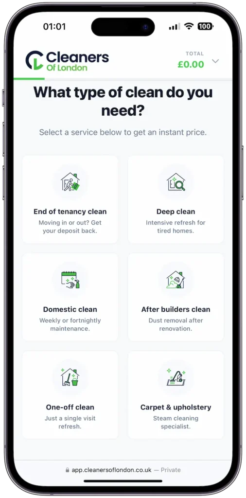 cleaners of london online booking app mobile
