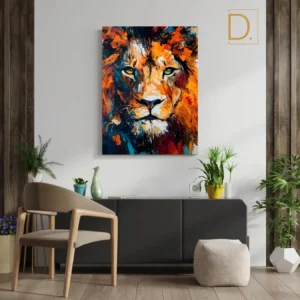 majestic lion portrait canvas – vibrant brushstroke wall art